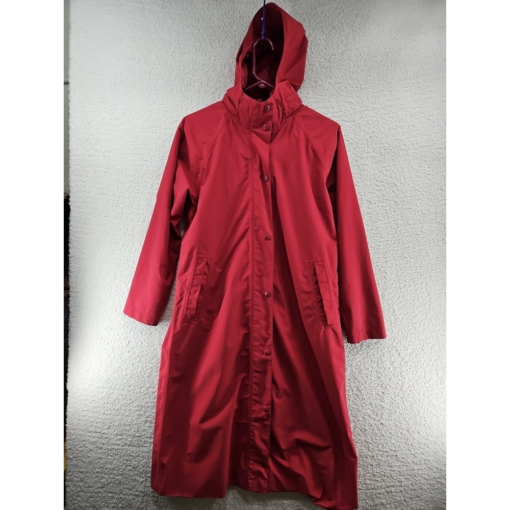 Vtg LL Bean Trench Coat Womens Small Petite Burgandy Hooded Rain Jacket Long